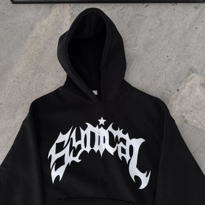 Kadın Kapüşonlu Kanguru Cepli Sweatshirt 3 İplik Pamuklu Baskılı Hoodie -  Siyah