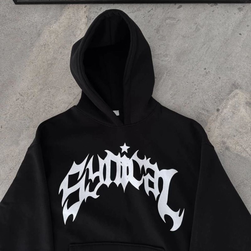 Kadın Kapüşonlu Kanguru Cepli Sweatshirt 3 İplik Pamuklu Baskılı Hoodie -  Siyah