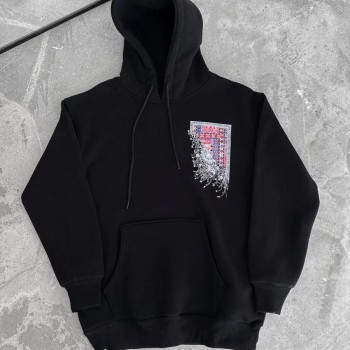 Kadın Kapüşonlu Kanguru Cepli Sweatshirt 3 İplik Pamuklu Baskılı Hoodie - Siyah