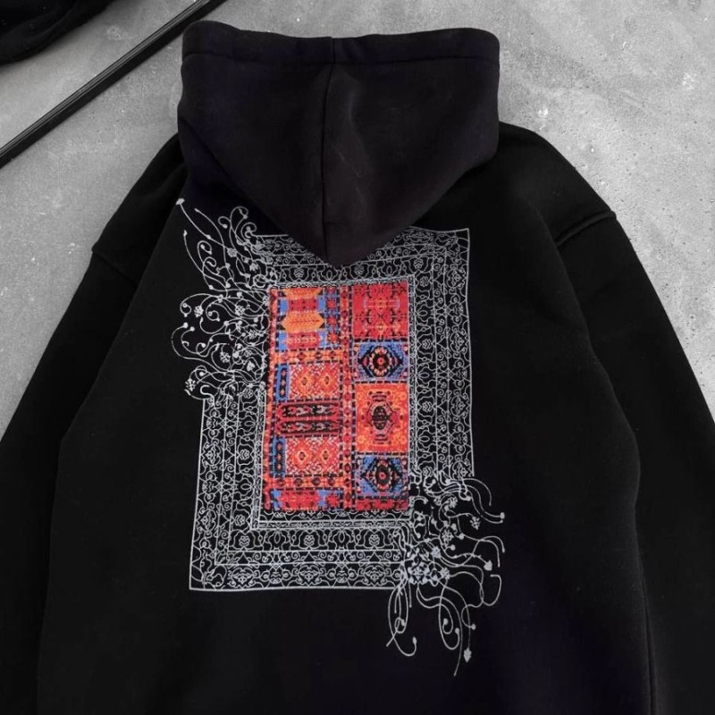 Kadın Kapüşonlu Kanguru Cepli Sweatshirt 3 İplik Pamuklu Baskılı Hoodie - Siyah