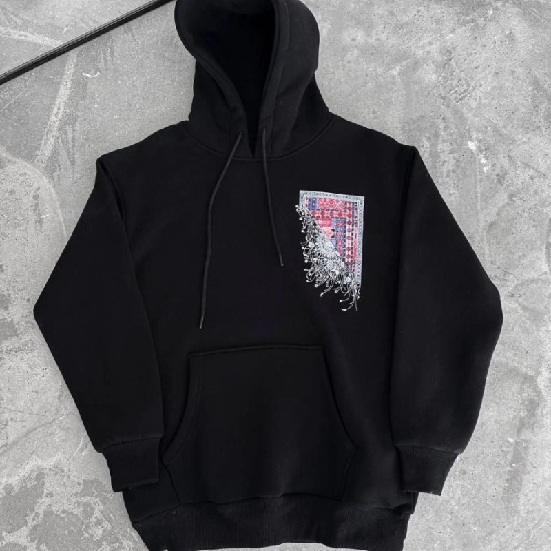 Kadın Kapüşonlu Kanguru Cepli Sweatshirt 3 İplik Pamuklu Baskılı Hoodie - Siyah