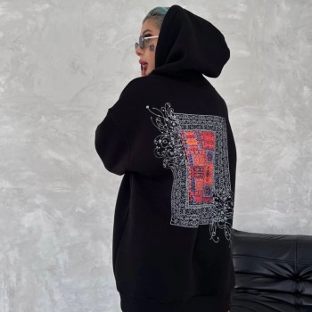 Kadın Kapüşonlu Kanguru Cepli Sweatshirt 3 İplik Pamuklu Baskılı Hoodie - Siyah