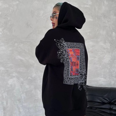 Kadın Kapüşonlu Kanguru Cepli Sweatshirt 3 İplik Pamuklu Baskılı Hoodie - Siyah
