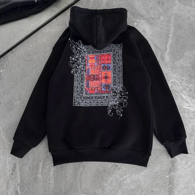 Kadın Kapüşonlu Kanguru Cepli Sweatshirt 3 İplik Pamuklu Baskılı Hoodie - Siyah