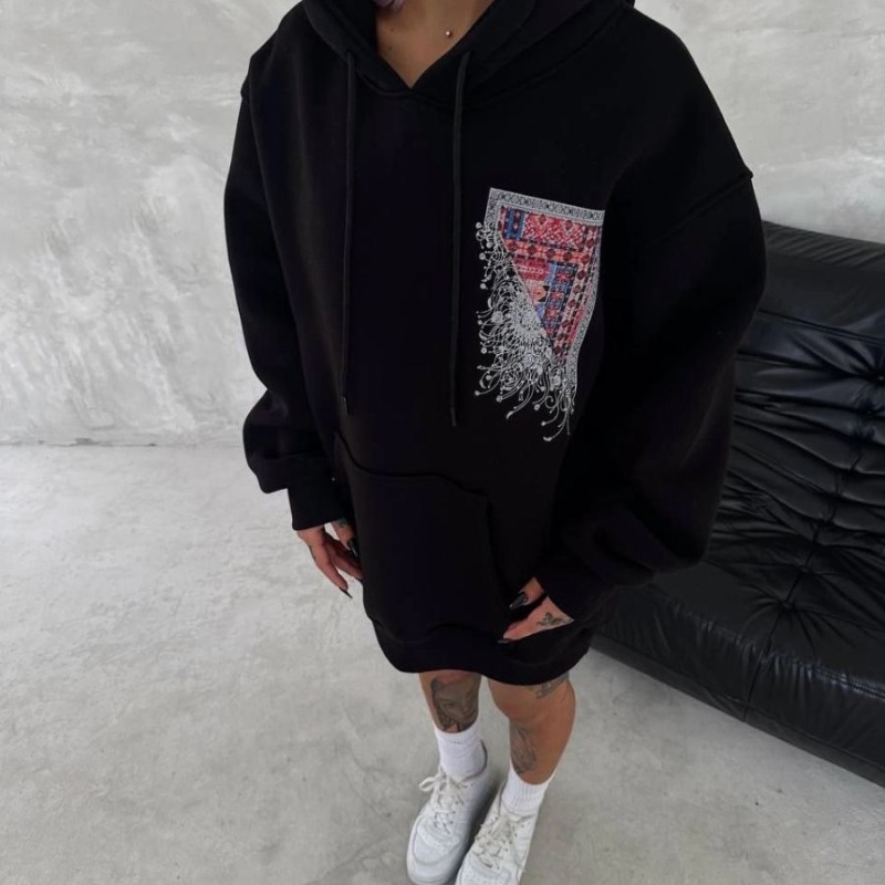 Kadın Kapüşonlu Kanguru Cepli Sweatshirt 3 İplik Pamuklu Baskılı Hoodie - Siyah