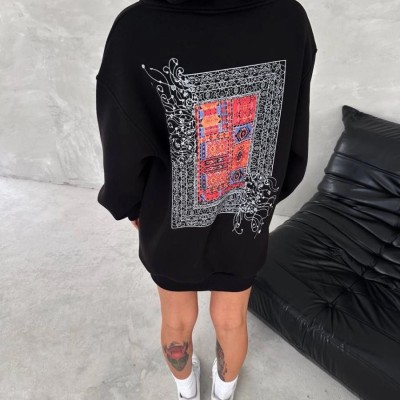 Kadın Kapüşonlu Kanguru Cepli Sweatshirt 3 İplik Pamuklu Baskılı Hoodie - Siyah