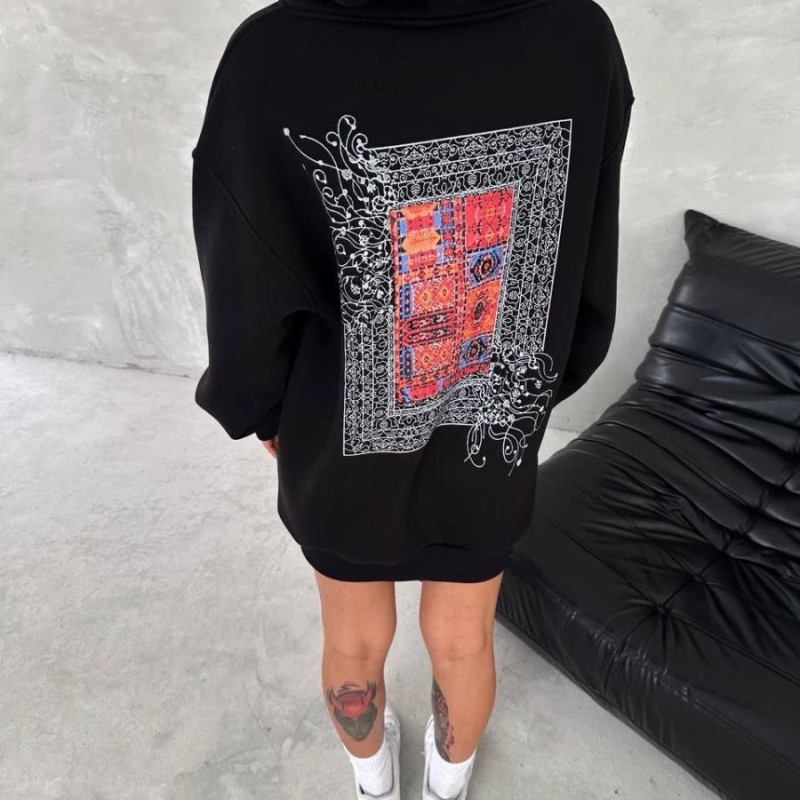Kadın Kapüşonlu Kanguru Cepli Sweatshirt 3 İplik Pamuklu Baskılı Hoodie - Siyah
