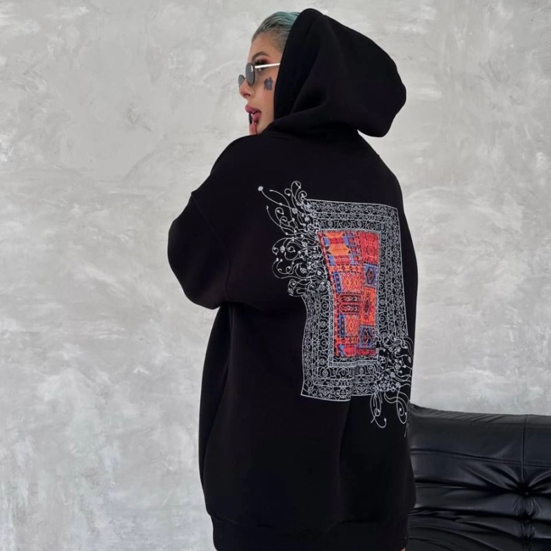 Kadın Kapüşonlu Kanguru Cepli Sweatshirt 3 İplik Pamuklu Baskılı Hoodie - Siyah