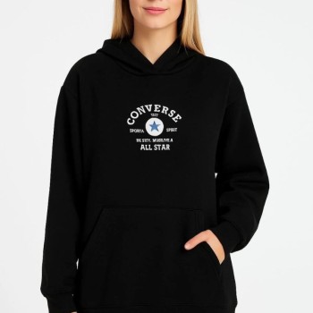 Kadın Kapüşonlu Kanguru Cepli Sweatshirt 3 İplik Pamuklu Baskılı Hoodie - Siyah