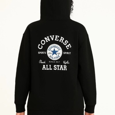 Kadın Kapüşonlu Kanguru Cepli Sweatshirt 3 İplik Pamuklu Baskılı Hoodie - Siyah
