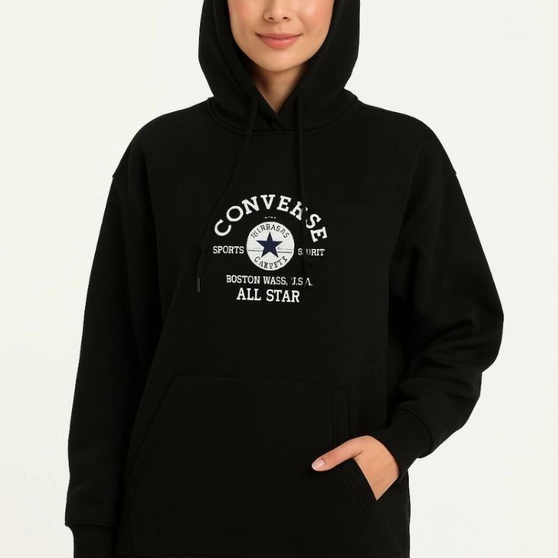 Kadın Kapüşonlu Kanguru Cepli Sweatshirt 3 İplik Pamuklu Baskılı Hoodie - Siyah