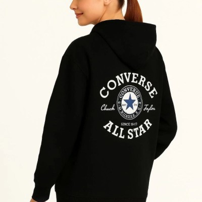 Kadın Kapüşonlu Kanguru Cepli Sweatshirt 3 İplik Pamuklu Baskılı Hoodie - Siyah