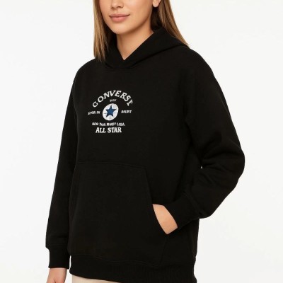 Kadın Kapüşonlu Kanguru Cepli Sweatshirt 3 İplik Pamuklu Baskılı Hoodie - Siyah