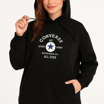 Kadın Kapüşonlu Kanguru Cepli Sweatshirt 3 İplik Pamuklu Baskılı Hoodie - Siyah