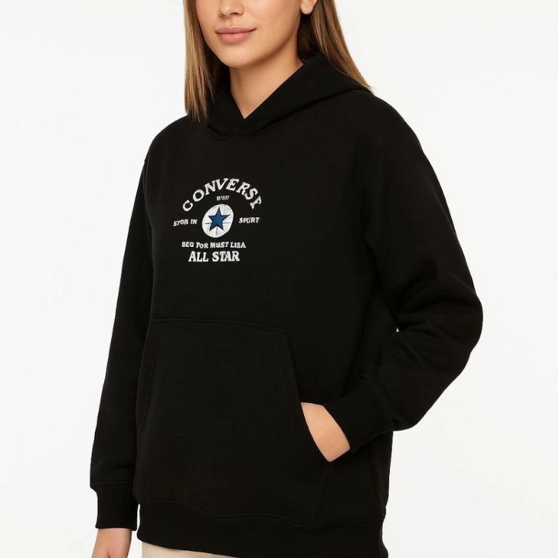 Kadın Kapüşonlu Kanguru Cepli Sweatshirt 3 İplik Pamuklu Baskılı Hoodie - Siyah