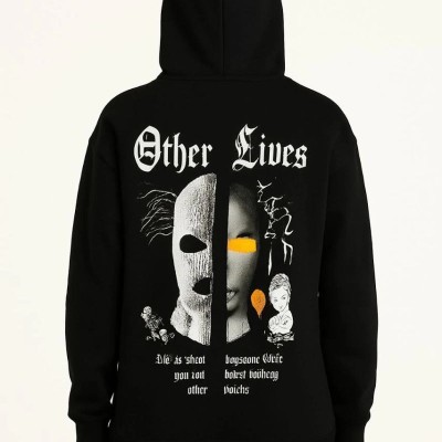 Kadın Kapüşonlu Kanguru Cepli Sweatshirt 3 İplik Pamuklu Baskılı Hoodie - Siyah