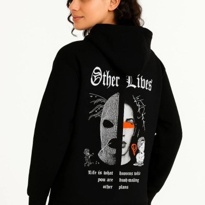 Kadın Kapüşonlu Kanguru Cepli Sweatshirt 3 İplik Pamuklu Baskılı Hoodie - Siyah