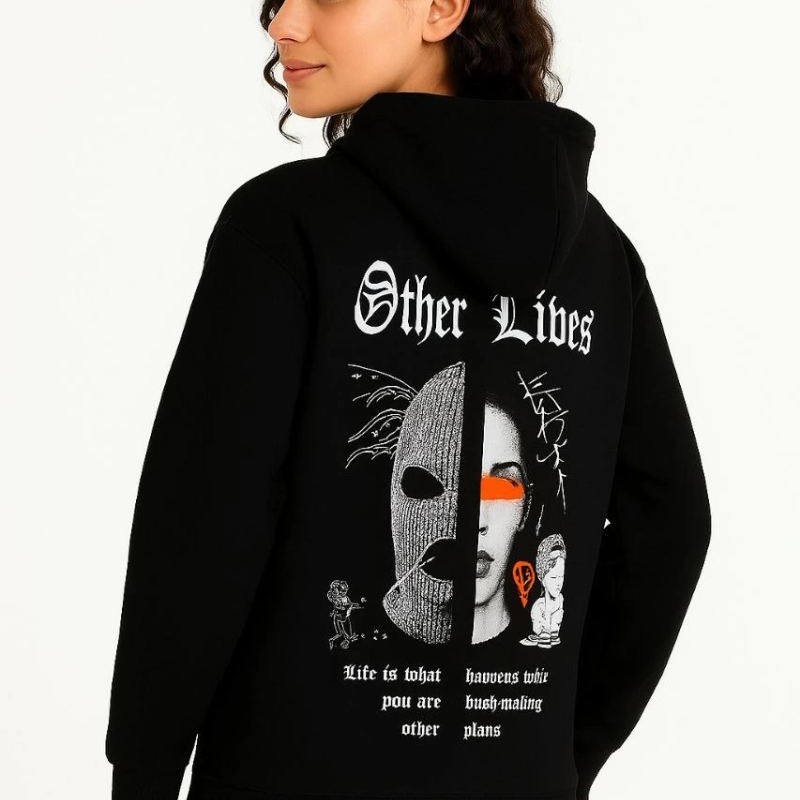 Kadın Kapüşonlu Kanguru Cepli Sweatshirt 3 İplik Pamuklu Baskılı Hoodie - Siyah