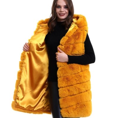 Kadın Kapüşonlu Peluş Kürk Yelek Premium Kalite Tam Astarlı Uzun Model - Sarı