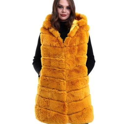 Kadın Kapüşonlu Peluş Kürk Yelek Premium Kalite Tam Astarlı Uzun Model - Sarı