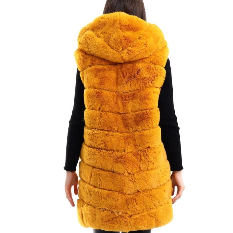 Kadın Kapüşonlu Peluş Kürk Yelek Premium Kalite Tam Astarlı Uzun Model - Sarı