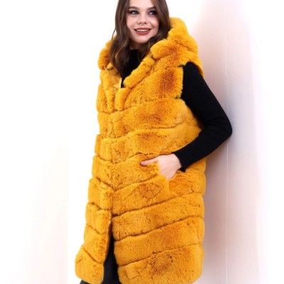 Kadın Kapüşonlu Peluş Kürk Yelek Premium Kalite Tam Astarlı Uzun Model - Sarı
