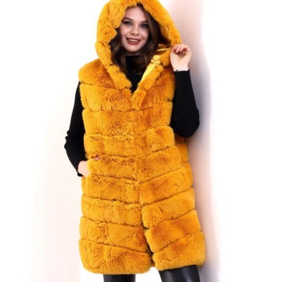 Kadın Kapüşonlu Peluş Kürk Yelek Premium Kalite Tam Astarlı Uzun Model - Sarı