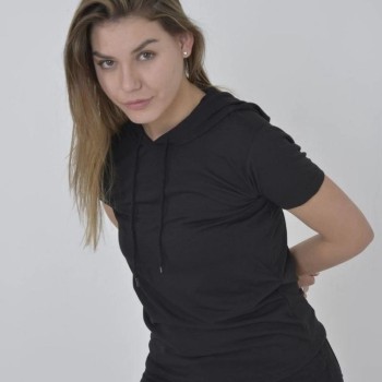 Kadın Kapüşonlu T-Shirt Kısa Kol Bisiklet Yaka Slimfit Tişört   - Siyah