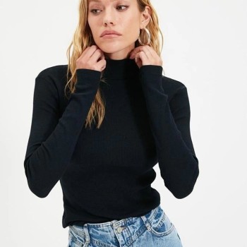 Kadın Kaşkorse Boğazlı Full Likralı Fitilli Body Kazak - Siyah
