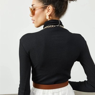 Kadın Kaşkorse Boğazlı Full Likralı Fitilli Body Kazak - Siyah