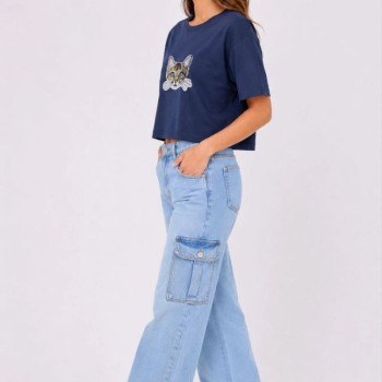 Kadın Kedi Baskılı Oversize Crop Tişört Salaş Basic Yarım Kol T-shirt - Lacivert