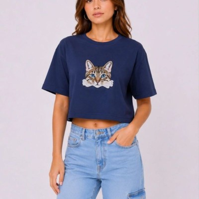 Kadın Kedi Baskılı Oversize Crop Tişört Salaş Basic Yarım Kol T-shirt - Lacivert