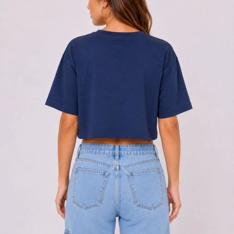 Kadın Kedi Baskılı Oversize Crop Tişört Salaş Basic Yarım Kol T-shirt - Lacivert