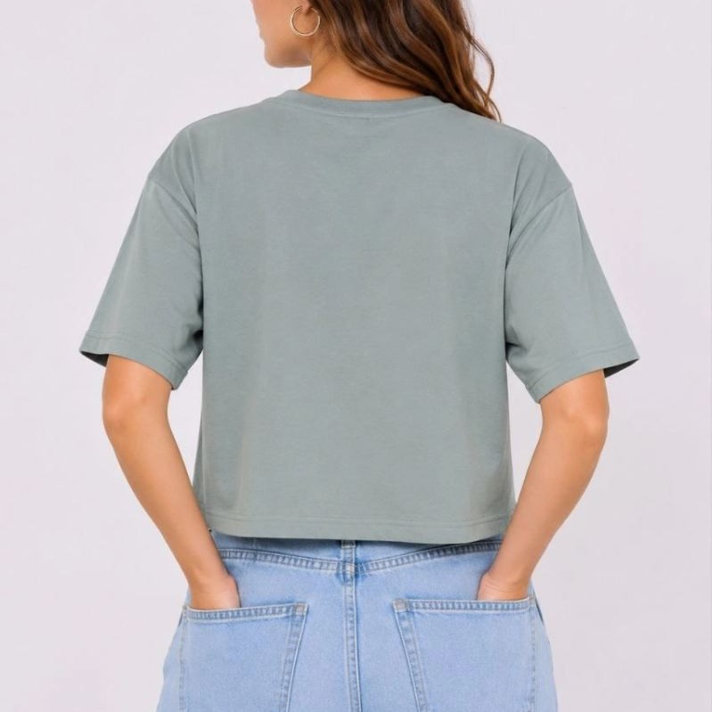 Kadın Kedi Baskılı Oversize Crop Tişört Salaş Basic Yarım Kol T-shirt - Mint Yeşili