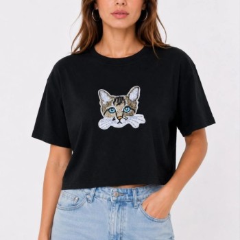 Kadın Kedi Baskılı Oversize Crop Tişört Salaş Basic Yarım Kol T-shirt - Siyah