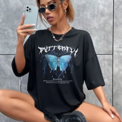 Kadın kelebek Baskılı Oversize kısa kol T-Shirt - Siyah