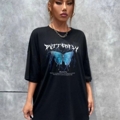 Kadın kelebek Baskılı Oversize kısa kol T-Shirt - Siyah