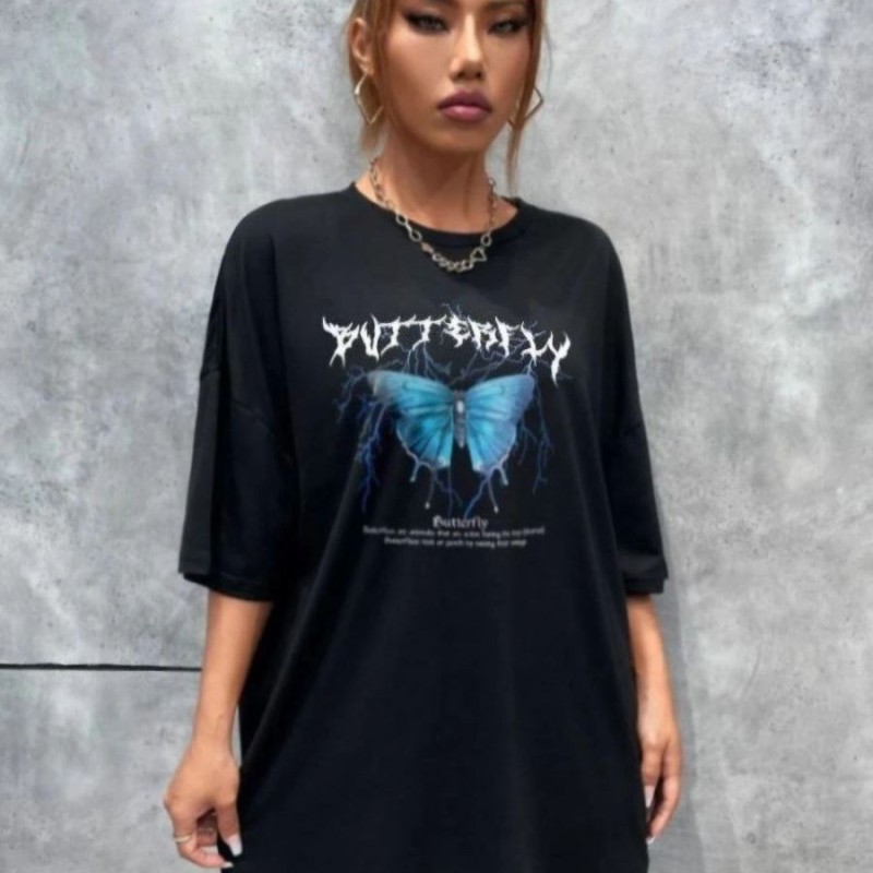 Kadın kelebek Baskılı Oversize kısa kol T-Shirt - Siyah