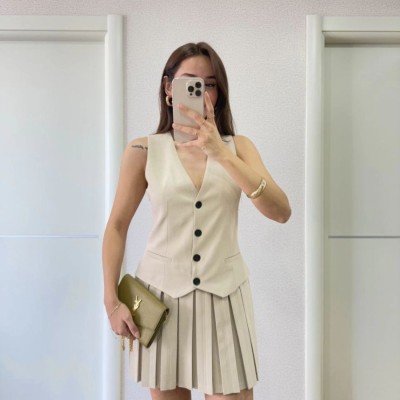 Kadın Keten Takım Görünümlü Düğme Detaylı Yelekli Mini Elbise - Bej