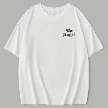Kadın Kısa Kol Tişört Bisiklet Yaka Angel Melek Kanadı Baskılı T-Shirt - Beyaz