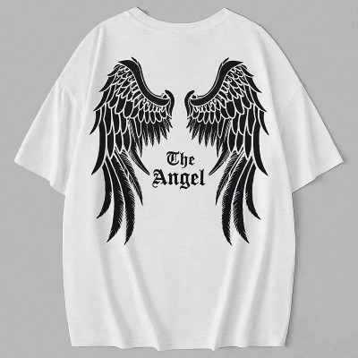 Kadın Kısa Kol Tişört Bisiklet Yaka Angel Melek Kanadı Baskılı T-Shirt - Beyaz