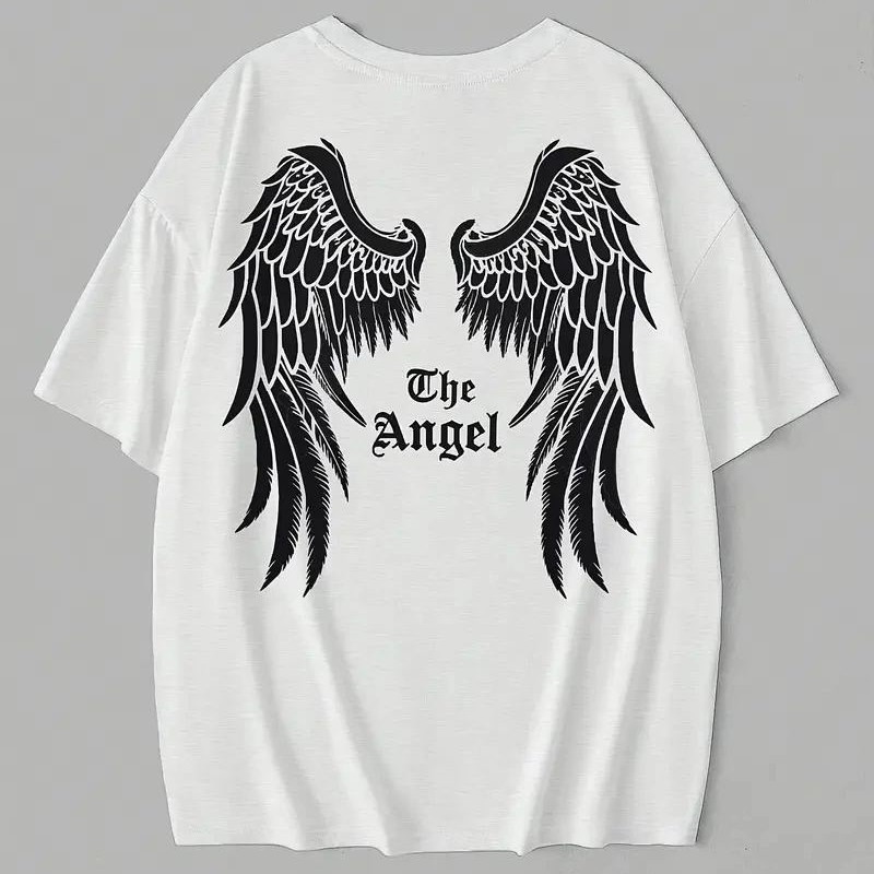 Kadın Kısa Kol Tişört Bisiklet Yaka Angel Melek Kanadı Baskılı T-Shirt - Beyaz