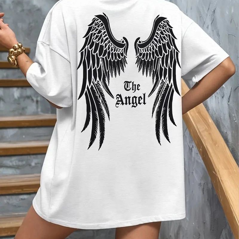 Kadın Kısa Kol Tişört Bisiklet Yaka Angel Melek Kanadı Baskılı T-Shirt - Beyaz