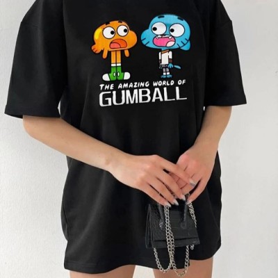 Kadın Kısa kol Tişört Bisiklet Yaka Baskılı Oversize T-Shirt - Siyah