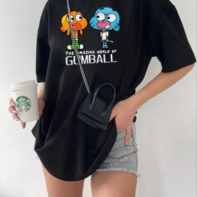 Kadın Kısa kol Tişört Bisiklet Yaka Baskılı Oversize T-Shirt - Siyah