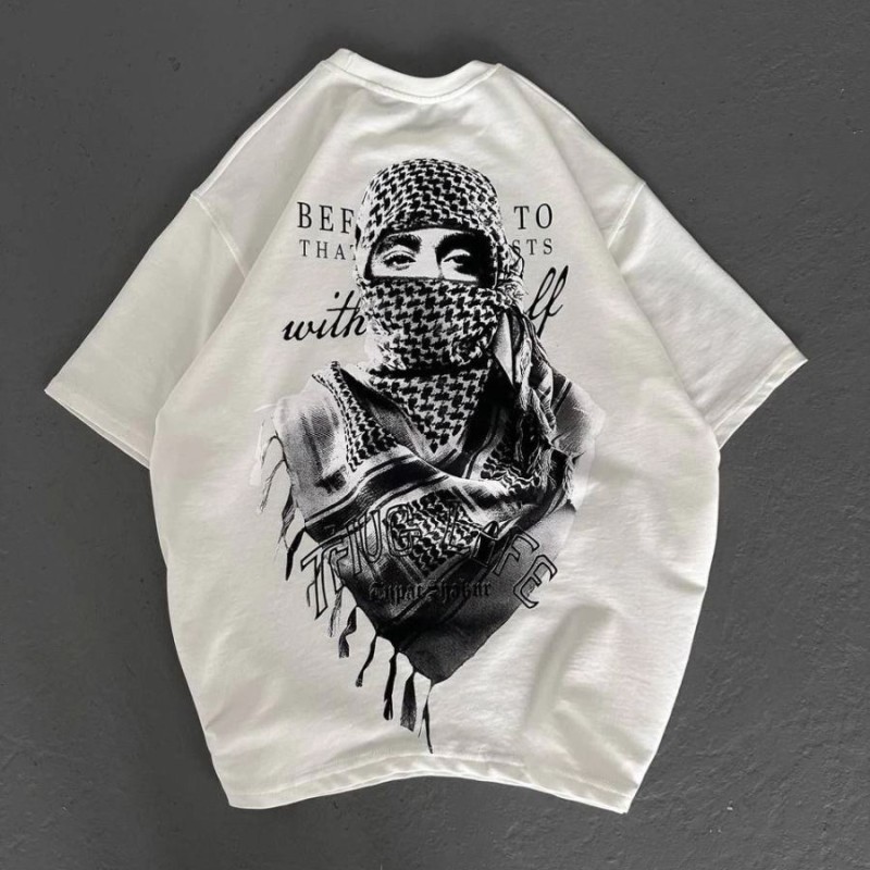 Kadın Kısa Kol Tişört Bisiklet Yaka Filistin Poşülü Baskılı T-Shirt - Beyaz