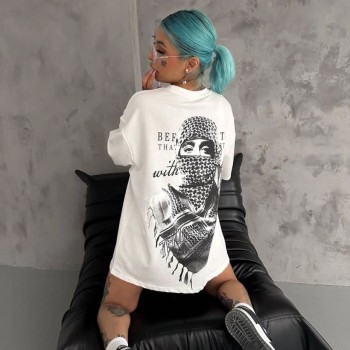 Kadın Kısa Kol Tişört Bisiklet Yaka Filistin Poşülü Baskılı T-Shirt - Beyaz