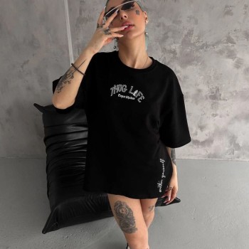 Kadın Kısa Kol Tişört Bisiklet Yaka Filistin Poşülü Baskılı T-Shirt - Siyah