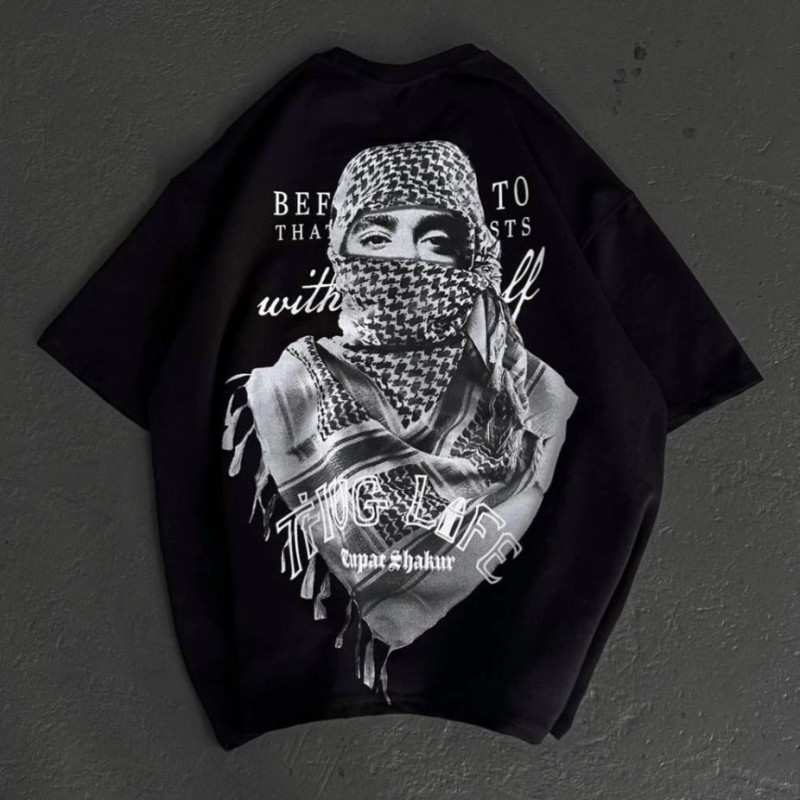 Kadın Kısa Kol Tişört Bisiklet Yaka Filistin Poşülü Baskılı T-Shirt - Siyah