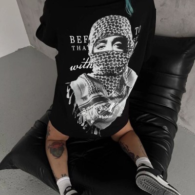 Kadın Kısa Kol Tişört Bisiklet Yaka Filistin Poşülü Baskılı T-Shirt - Siyah